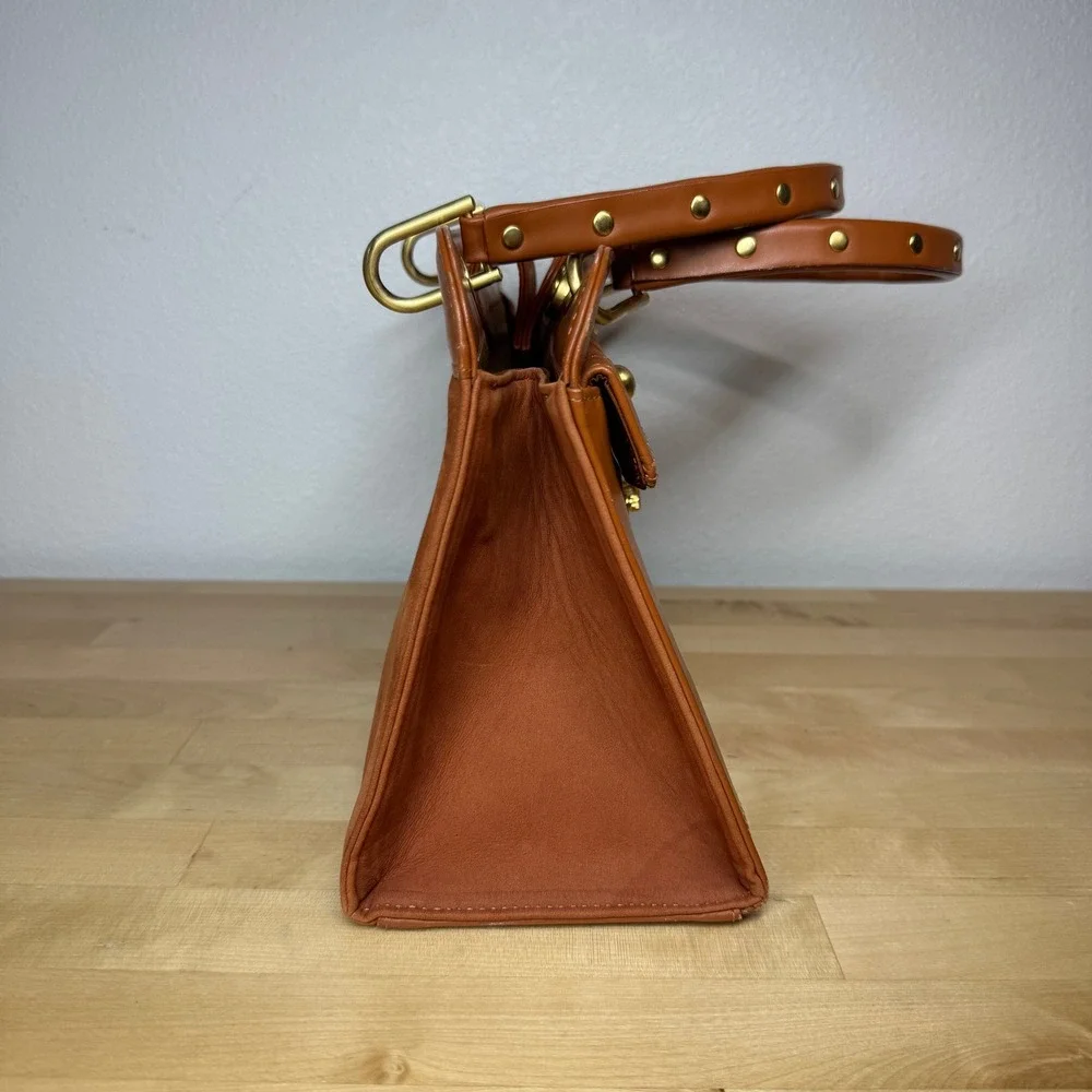 Samantha Thavasa New York Cognac Leather Suede Studded Satchel Handbag *FLAW